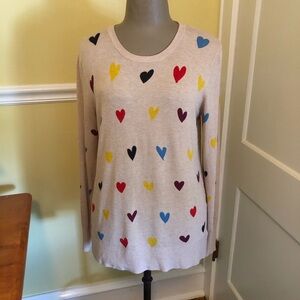 Marled by Reunited Women’s Size Medium Oatmeal and Multicolored Hearts Sweater